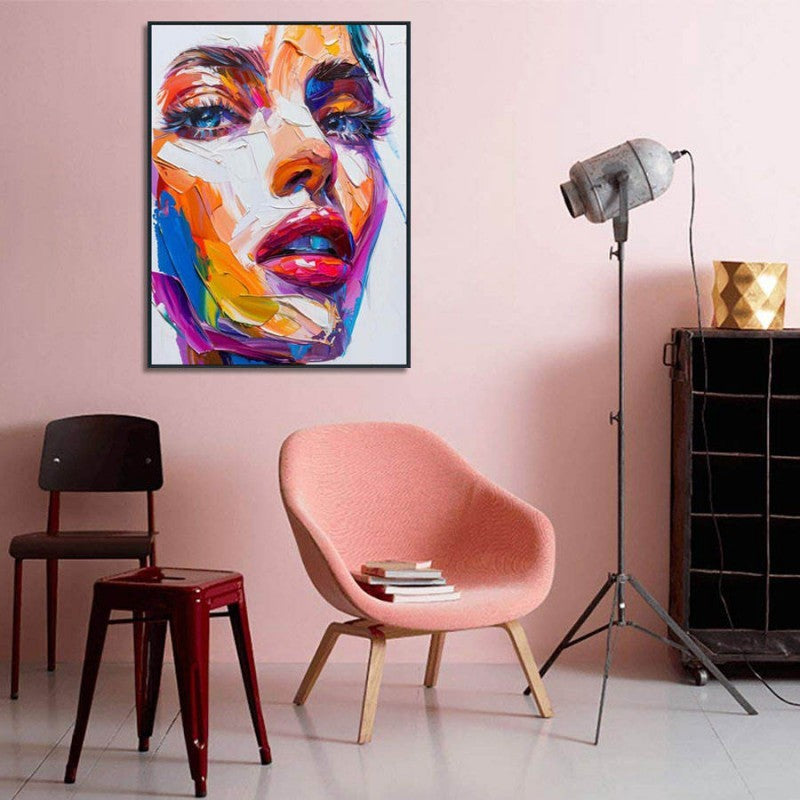 KTX-778259 Handmade Oil Painting on Canvas - Modern Abstract Human Face Wall Art for Living Room Decor - Unstretched Frameless Design