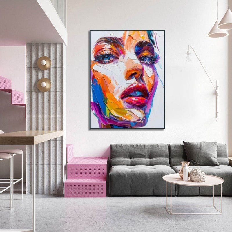 KTX-778259 Handmade Oil Painting on Canvas - Modern Abstract Human Face Wall Art for Living Room Decor - Unstretched Frameless Design
