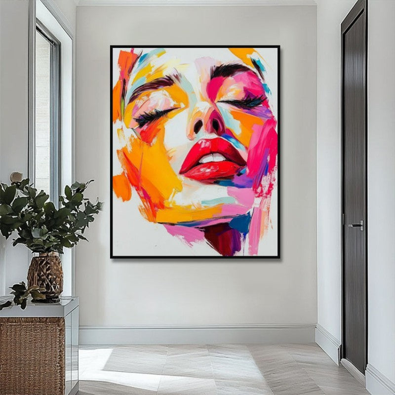 KTX-778259 Handmade Oil Painting on Canvas - Modern Abstract Human Face Wall Art for Living Room Decor - Unstretched Frameless Design
