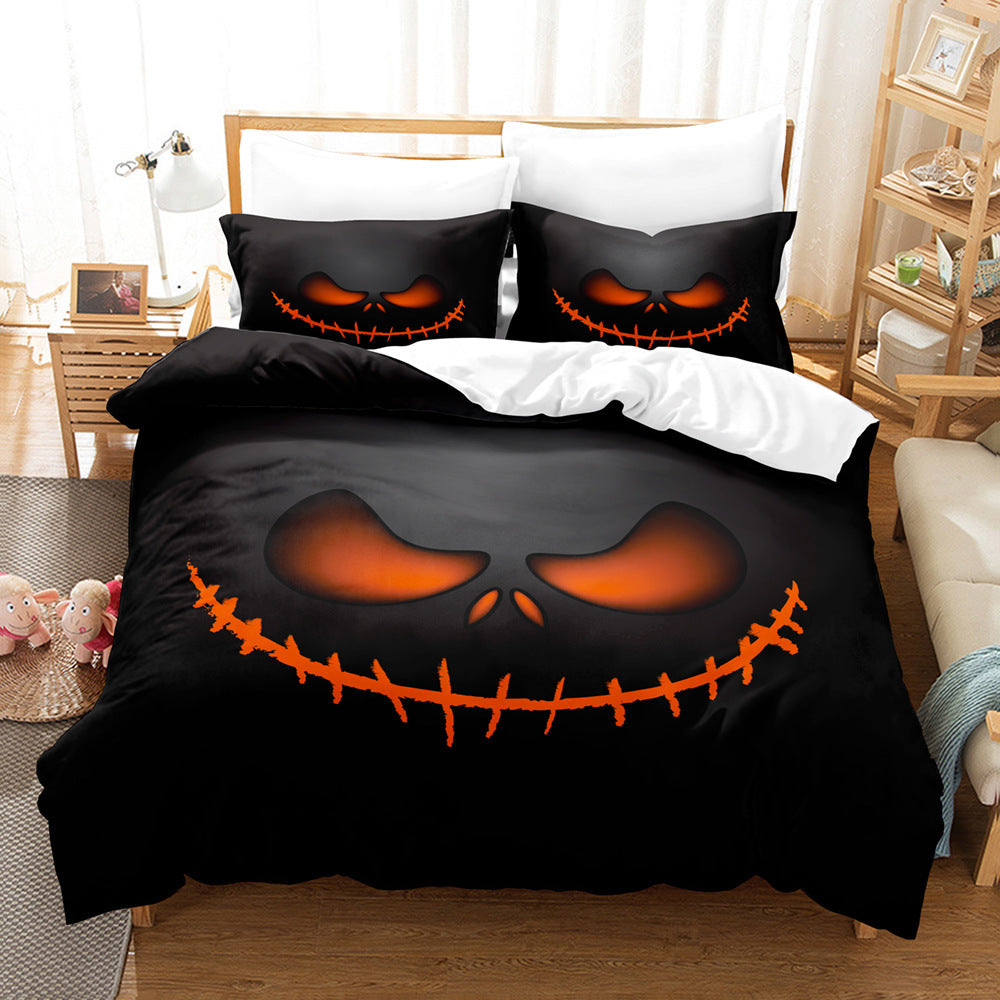 KTX-778323 Halloween Geometric Bed Sheet Set with Duvet Cover and Pillowcases in White and Bright Yellow