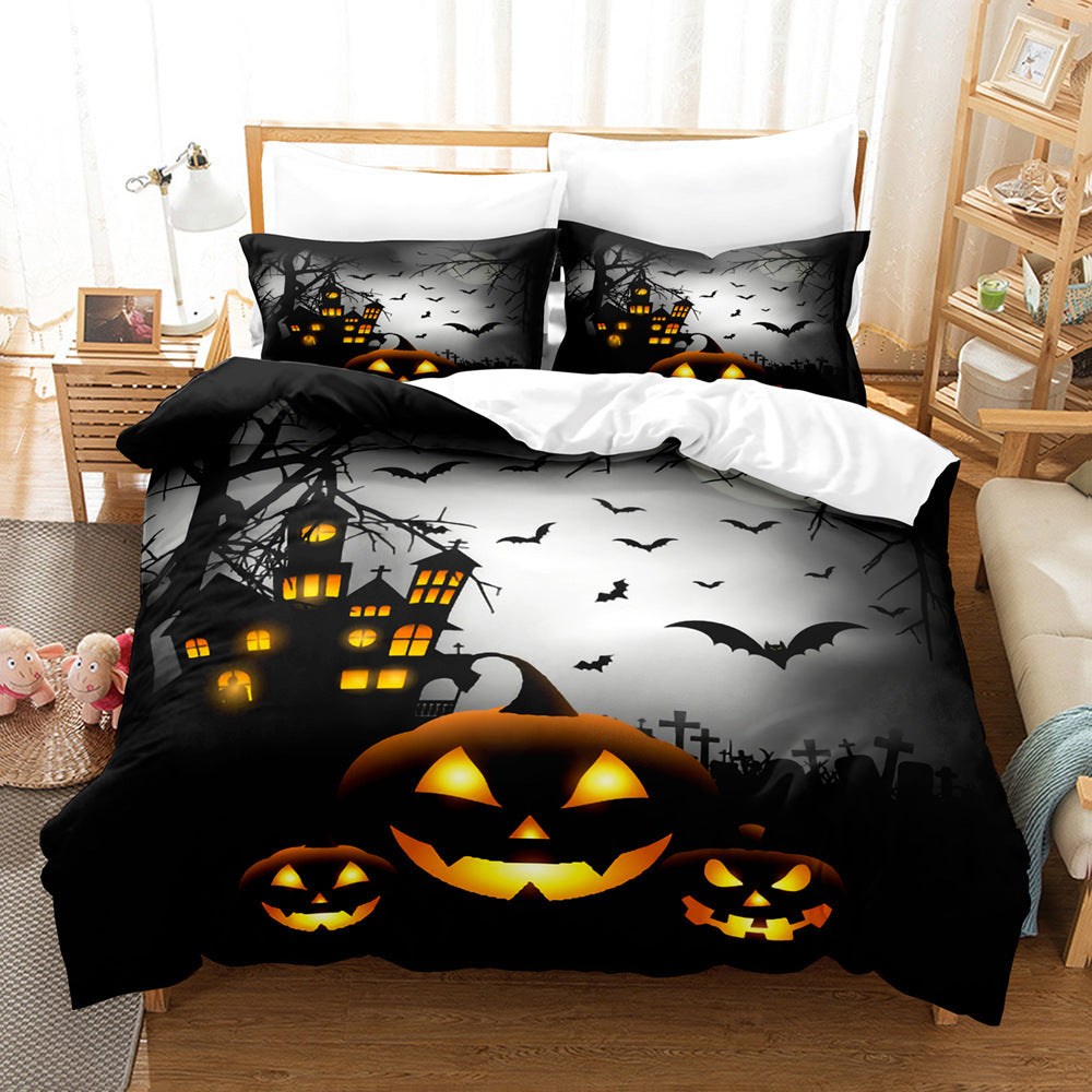 KTX-778323 Halloween Geometric Bed Sheet Set with Duvet Cover and Pillowcases in White and Bright Yellow