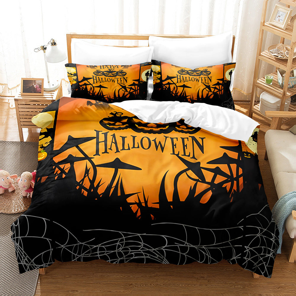 KTX-778323 Halloween Geometric Bed Sheet Set with Duvet Cover and Pillowcases in White and Bright Yellow