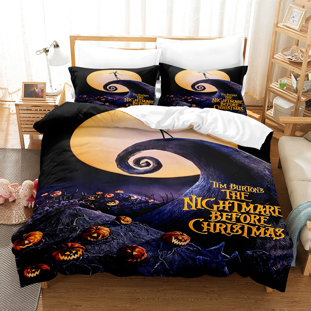 KTX-778323 Halloween Geometric Bed Sheet Set with Duvet Cover and Pillowcases in White and Bright Yellow