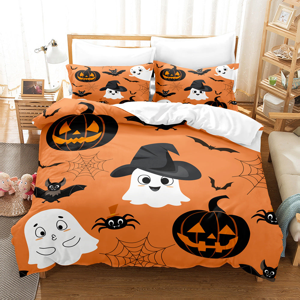 KTX-778323 Halloween Geometric Bed Sheet Set with Duvet Cover and Pillowcases in White and Bright Yellow