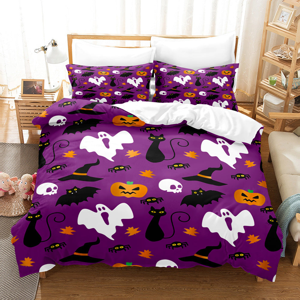 KTX-778323 Halloween Geometric Bed Sheet Set with Duvet Cover and Pillowcases in White and Bright Yellow