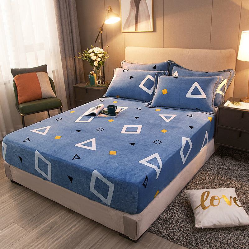 KTX-779475 Winter Warm Milk Velvet All-Inclusive Bed Sheet Set with Pillowcases - Multiple Styles and Sizes Available