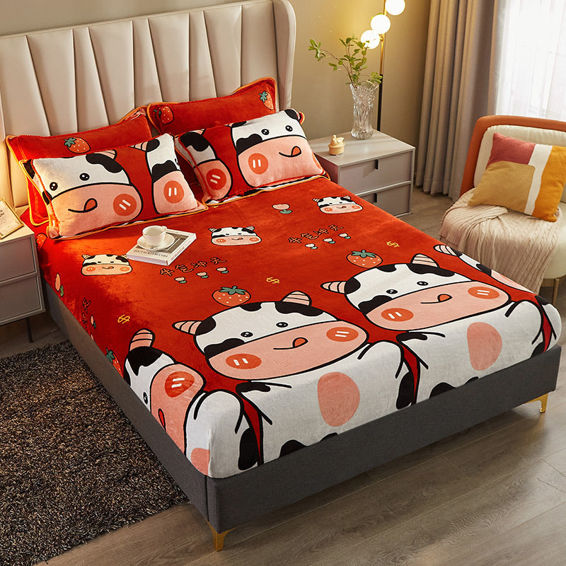 KTX-779475 Winter Warm Milk Velvet All-Inclusive Bed Sheet Set with Pillowcases - Multiple Styles and Sizes Available