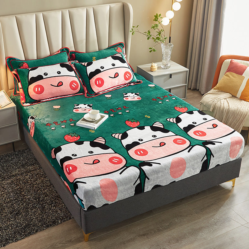 KTX-779475 Winter Warm Milk Velvet All-Inclusive Bed Sheet Set with Pillowcases - Multiple Styles and Sizes Available