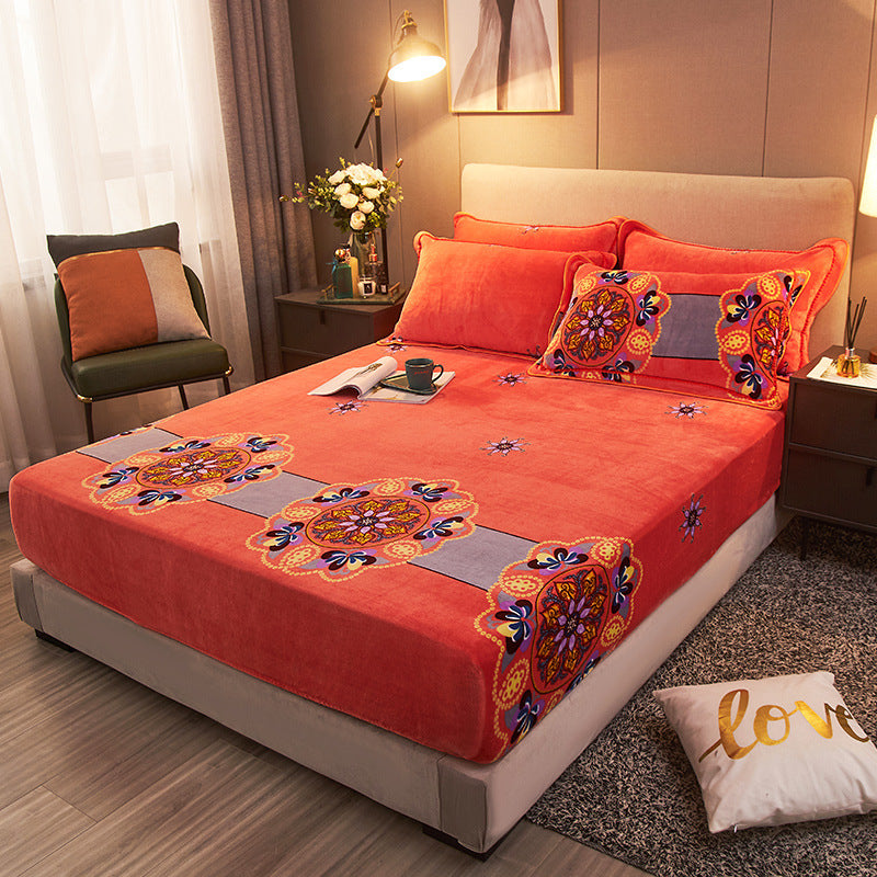 KTX-779475 Winter Warm Milk Velvet All-Inclusive Bed Sheet Set with Pillowcases - Multiple Styles and Sizes Available