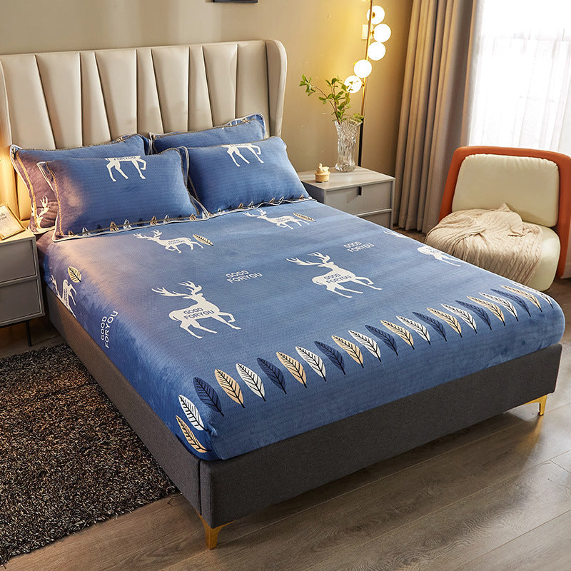 KTX-779475 Winter Warm Milk Velvet All-Inclusive Bed Sheet Set with Pillowcases - Multiple Styles and Sizes Available