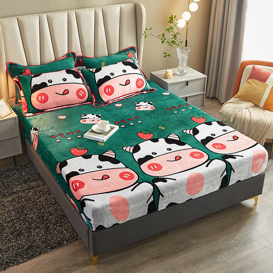 KTX-779475 Winter Warm Milk Velvet All-Inclusive Bed Sheet Set with Pillowcases - Multiple Styles and Sizes Available