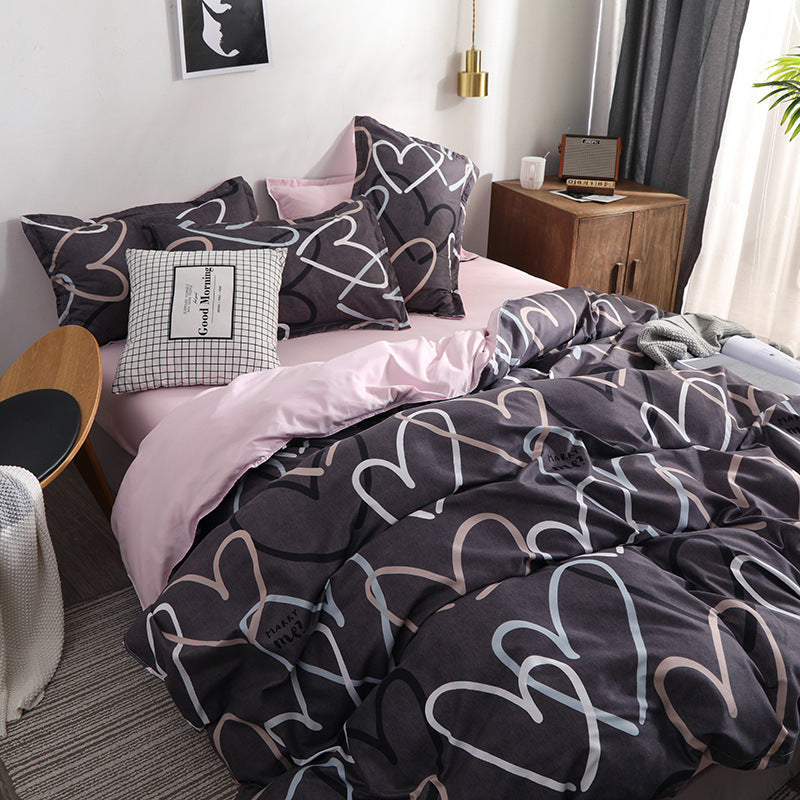 KTX-779795 Heart Print 4-Piece Bedding Set - Natural Plant Blend Fiber, Various Sizes Available