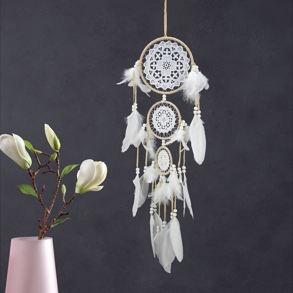 KTX-780307 Black Dreamcatcher Wall Hanging with Feather Wind Chimes - Hand-Woven Three-Ring Pendant Decor