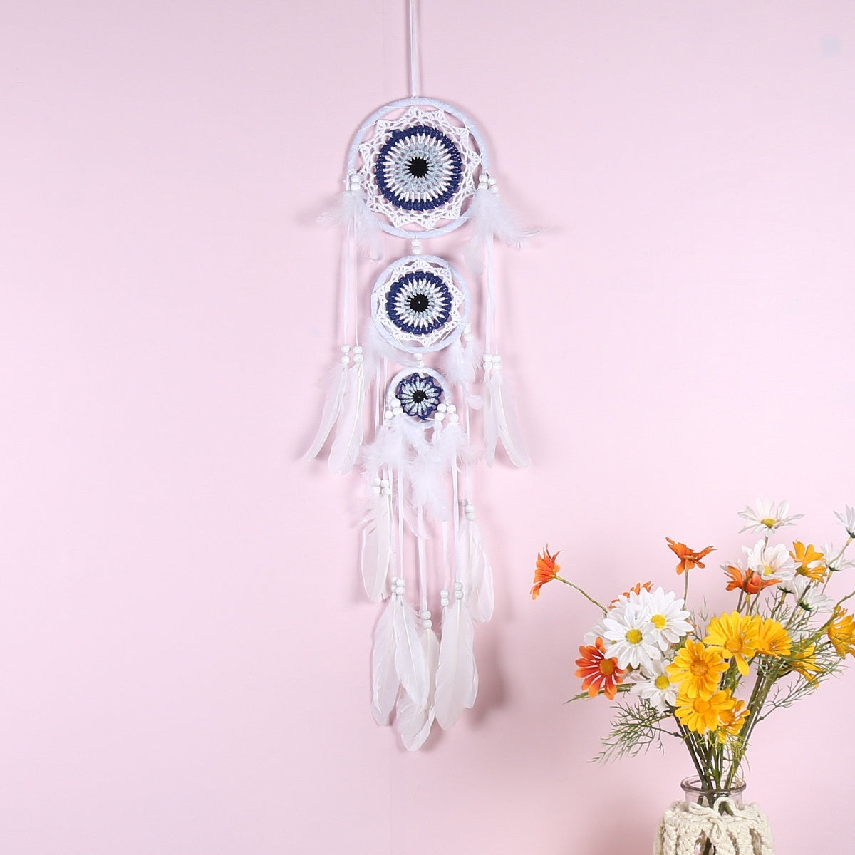 KTX-780307 Black Dreamcatcher Wall Hanging with Feather Wind Chimes - Hand-Woven Three-Ring Pendant Decor