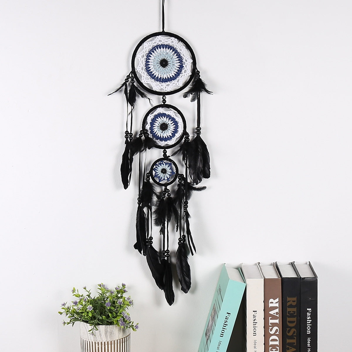 KTX-780307 Black Dreamcatcher Wall Hanging with Feather Wind Chimes - Hand-Woven Three-Ring Pendant Decor