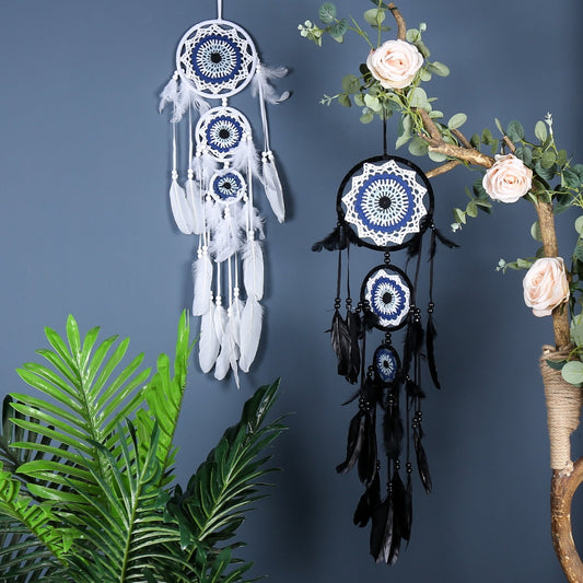 KTX-780307 Black Dreamcatcher Wall Hanging with Feather Wind Chimes - Hand-Woven Three-Ring Pendant Decor