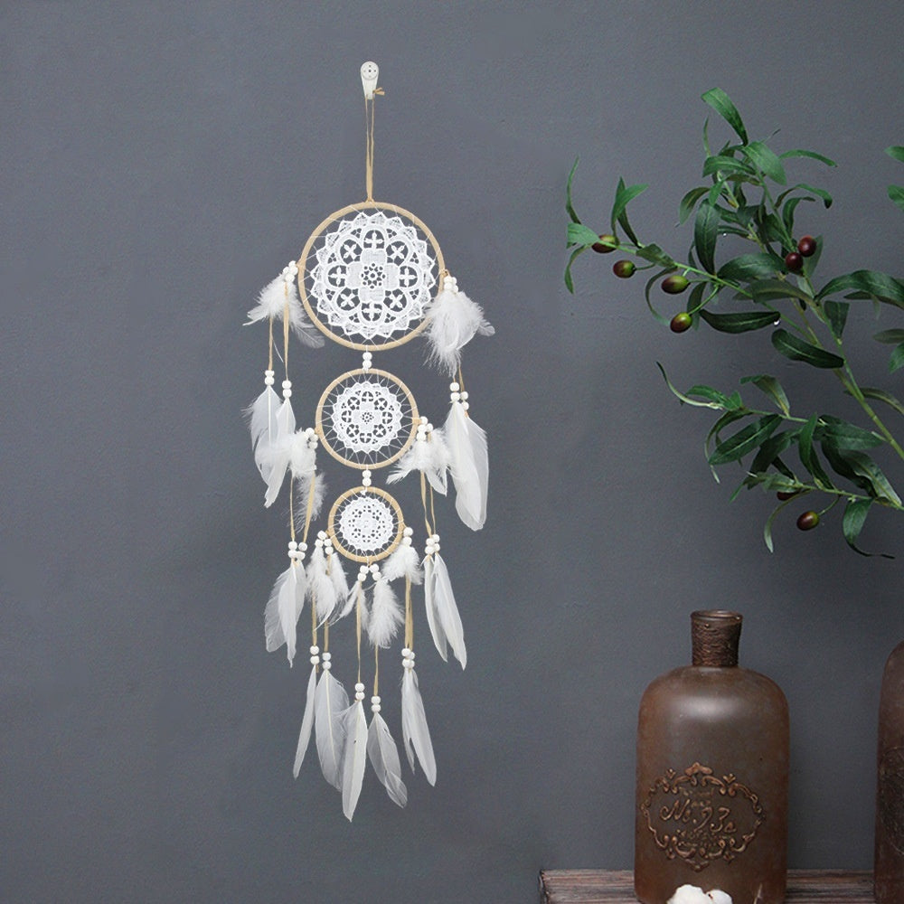 KTX-780307 Black Dreamcatcher Wall Hanging with Feather Wind Chimes - Hand-Woven Three-Ring Pendant Decor