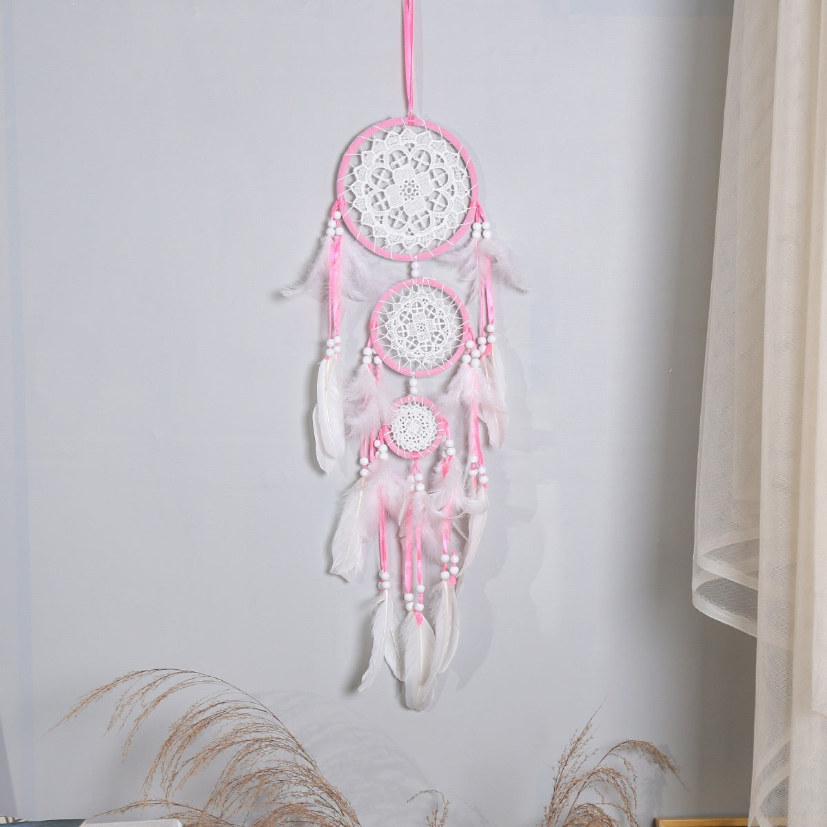 KTX-780307 Black Dreamcatcher Wall Hanging with Feather Wind Chimes - Hand-Woven Three-Ring Pendant Decor
