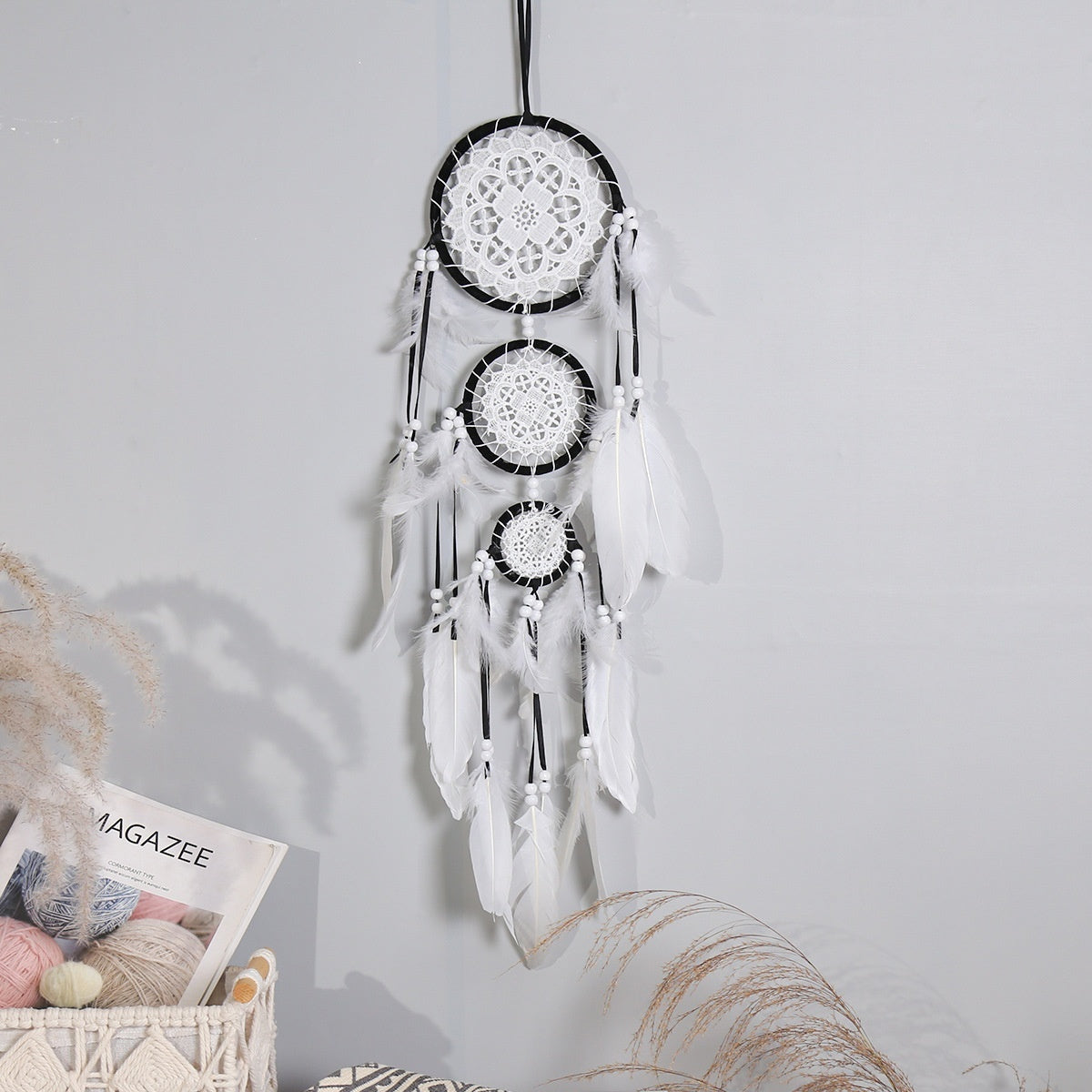 KTX-780307 Black Dreamcatcher Wall Hanging with Feather Wind Chimes - Hand-Woven Three-Ring Pendant Decor