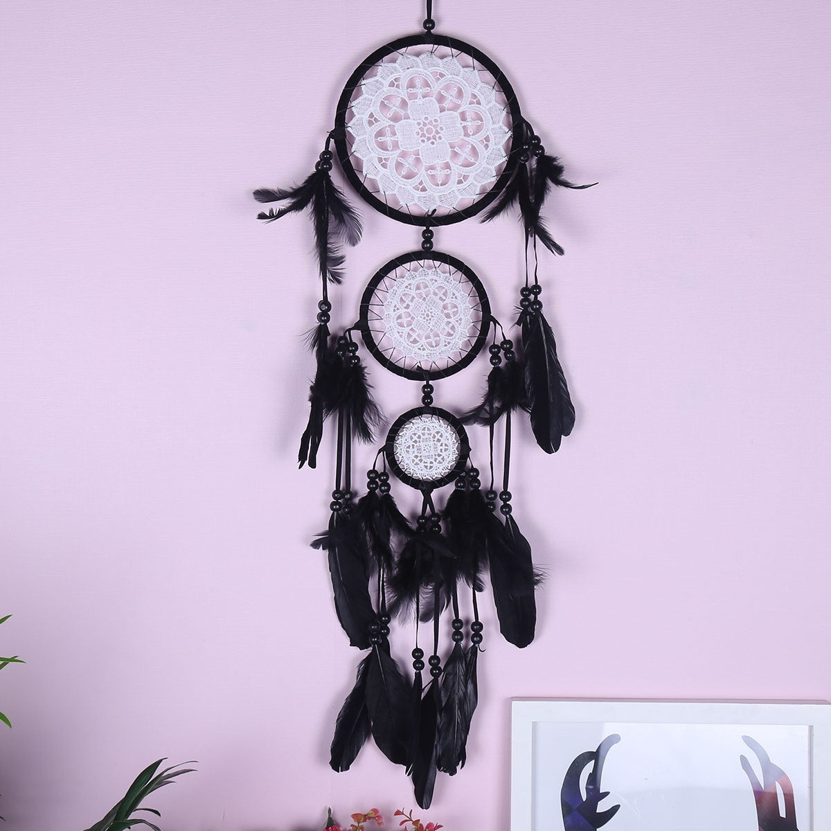 KTX-780307 Black Dreamcatcher Wall Hanging with Feather Wind Chimes - Hand-Woven Three-Ring Pendant Decor