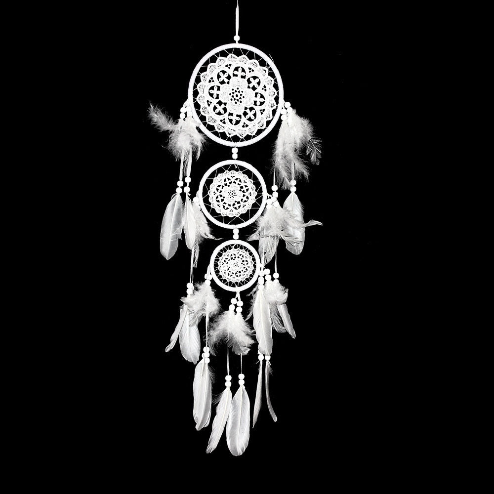 KTX-780307 Black Dreamcatcher Wall Hanging with Feather Wind Chimes - Hand-Woven Three-Ring Pendant Decor