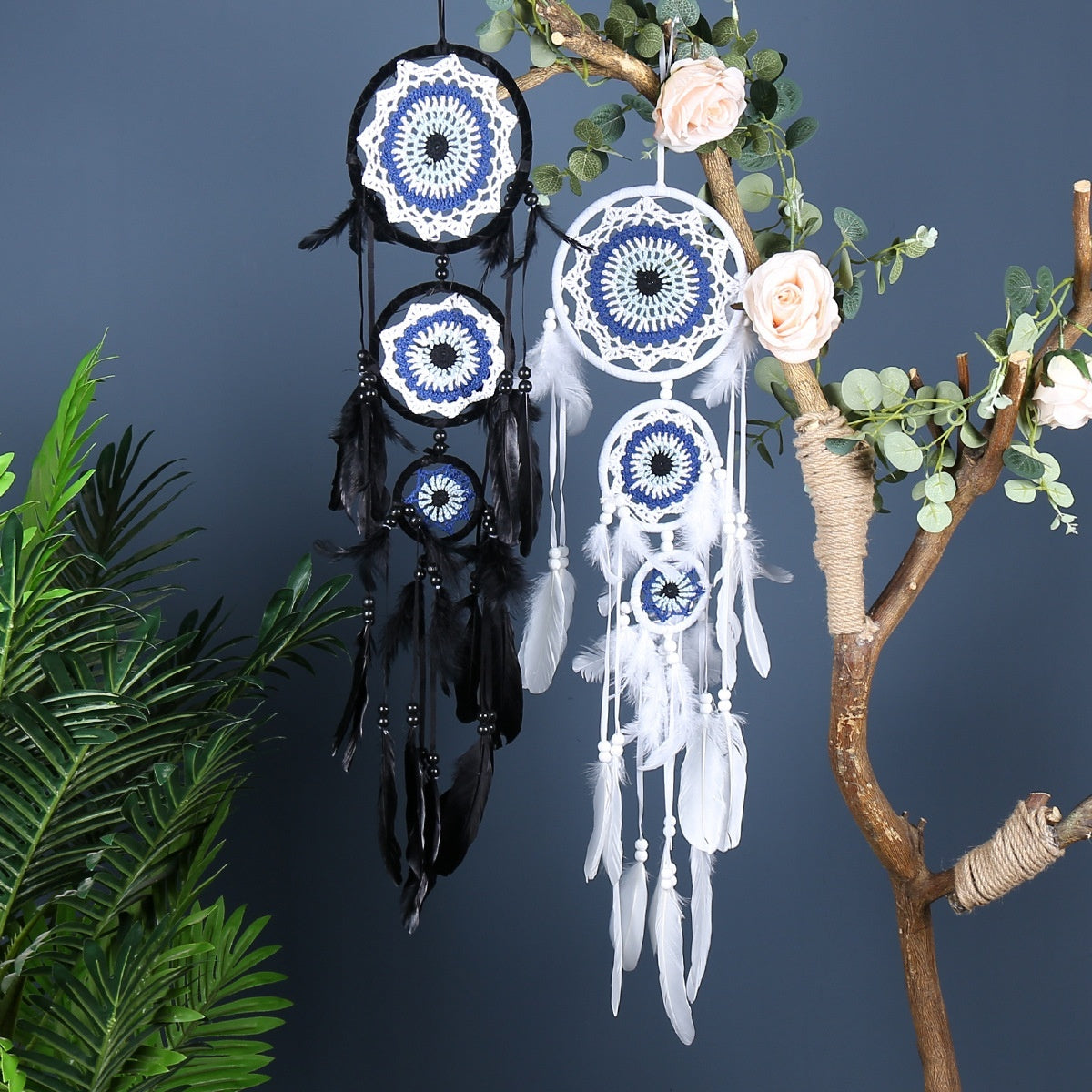 KTX-780307 Black Dreamcatcher Wall Hanging with Feather Wind Chimes - Hand-Woven Three-Ring Pendant Decor