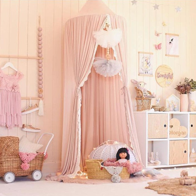 KTX-780627 Children's Chiffon Lace Mosquito Net Tent - Pink, Gray, and White, 60cm Diameter, 240cm Height
