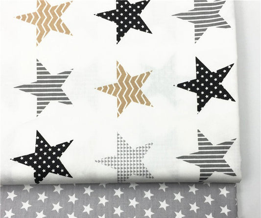 KTX-782611 Cotton Fabric with Black and Gray Five-Pointed Star and Dot Pattern, 100% Cotton, 160cm Wide