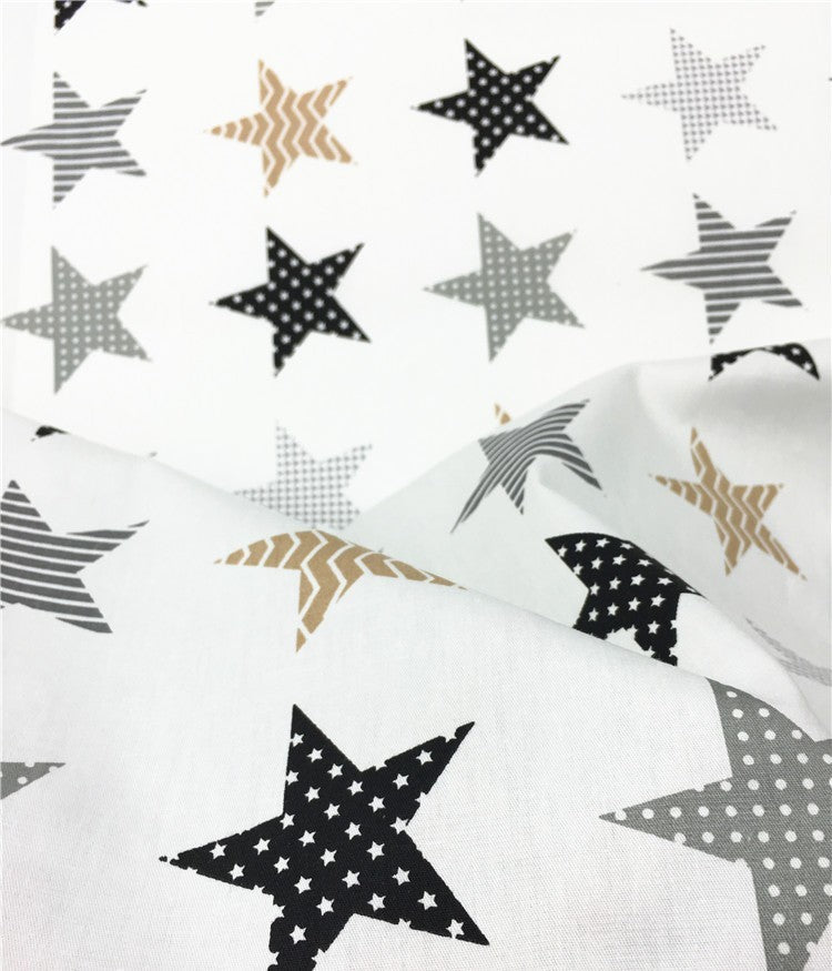 KTX-782611 Cotton Fabric with Black and Gray Five-Pointed Star and Dot Pattern, 100% Cotton, 160cm Wide