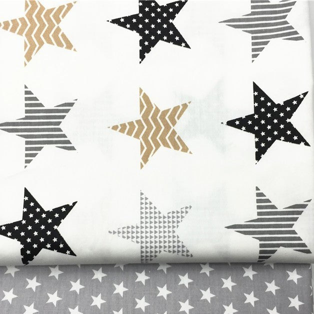 KTX-782611 Cotton Fabric with Black and Gray Five-Pointed Star and Dot Pattern, 100% Cotton, 160cm Wide