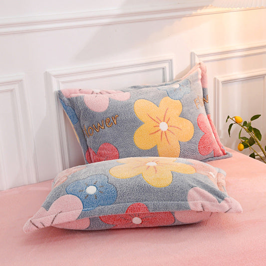 KTX-782931 Cozy Floral Coral Fleece Sheet Set with Quilt Cover and Pillowcases