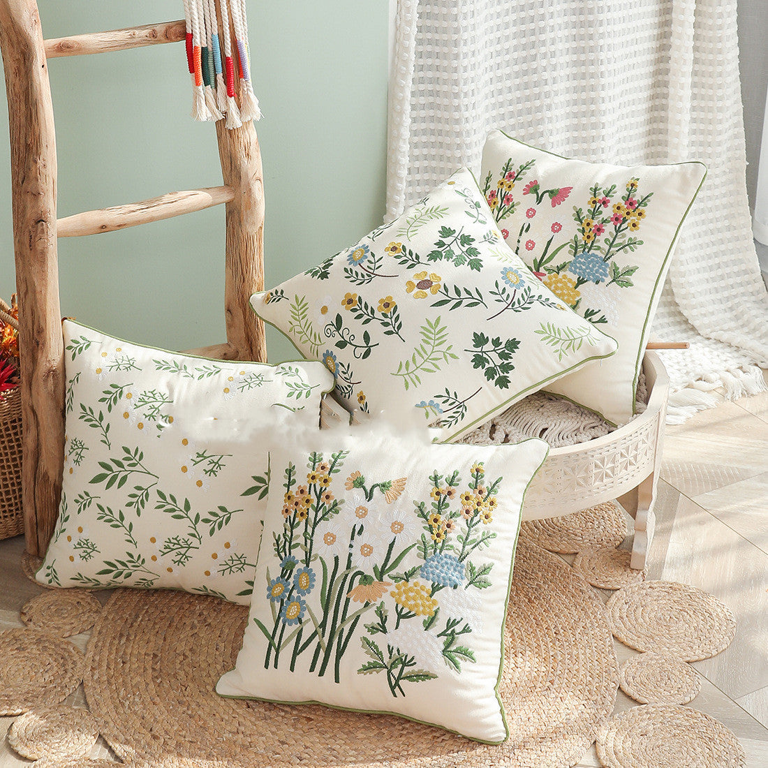 KTX-784403 Fashion Minimalist Embroidered Pillow with Botanical Design and Herbage Patterns