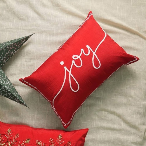 KTX-785235 Coastal Collection Polyester Lumbar Pillow with "Joy" Embroidery, 24x16 inches