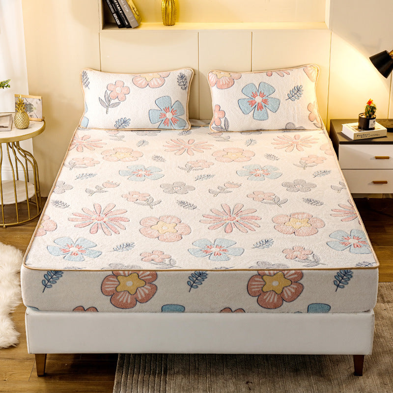 KTX-787539 Snow Fleece Bed Sheet with Digital Floral Prints - Warm and Cozy Bedding in Multiple Sizes