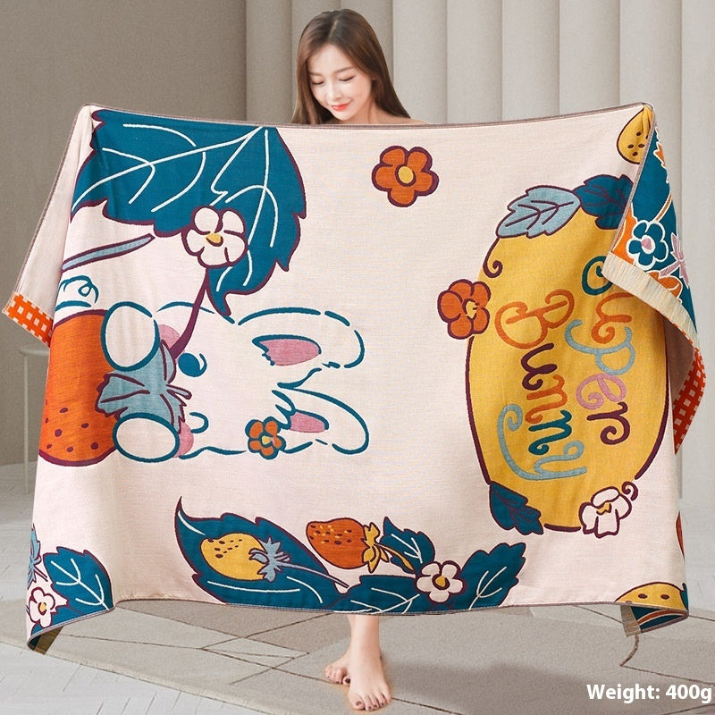 KTX-790099 Four-Layer Cotton Gauze Bath Towel - Soft, Quick-Drying, and Water-Absorbing - Available in Blue Bear or Leap Secret Rabbit Design (160 x 80 cm)
