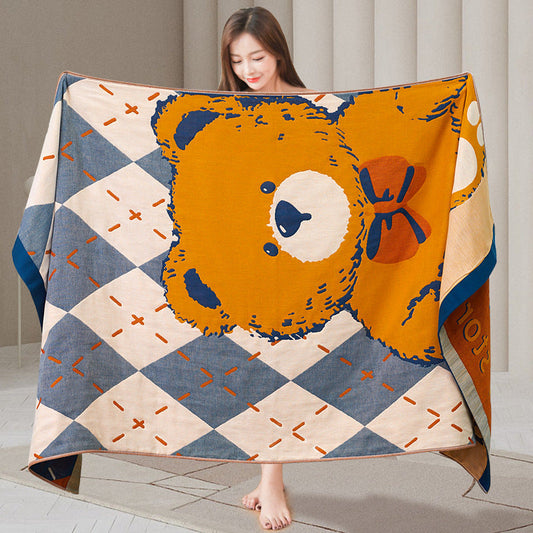 KTX-790099 Four-Layer Cotton Gauze Bath Towel - Soft, Quick-Drying, and Water-Absorbing - Available in Blue Bear or Leap Secret Rabbit Design (160 x 80 cm)