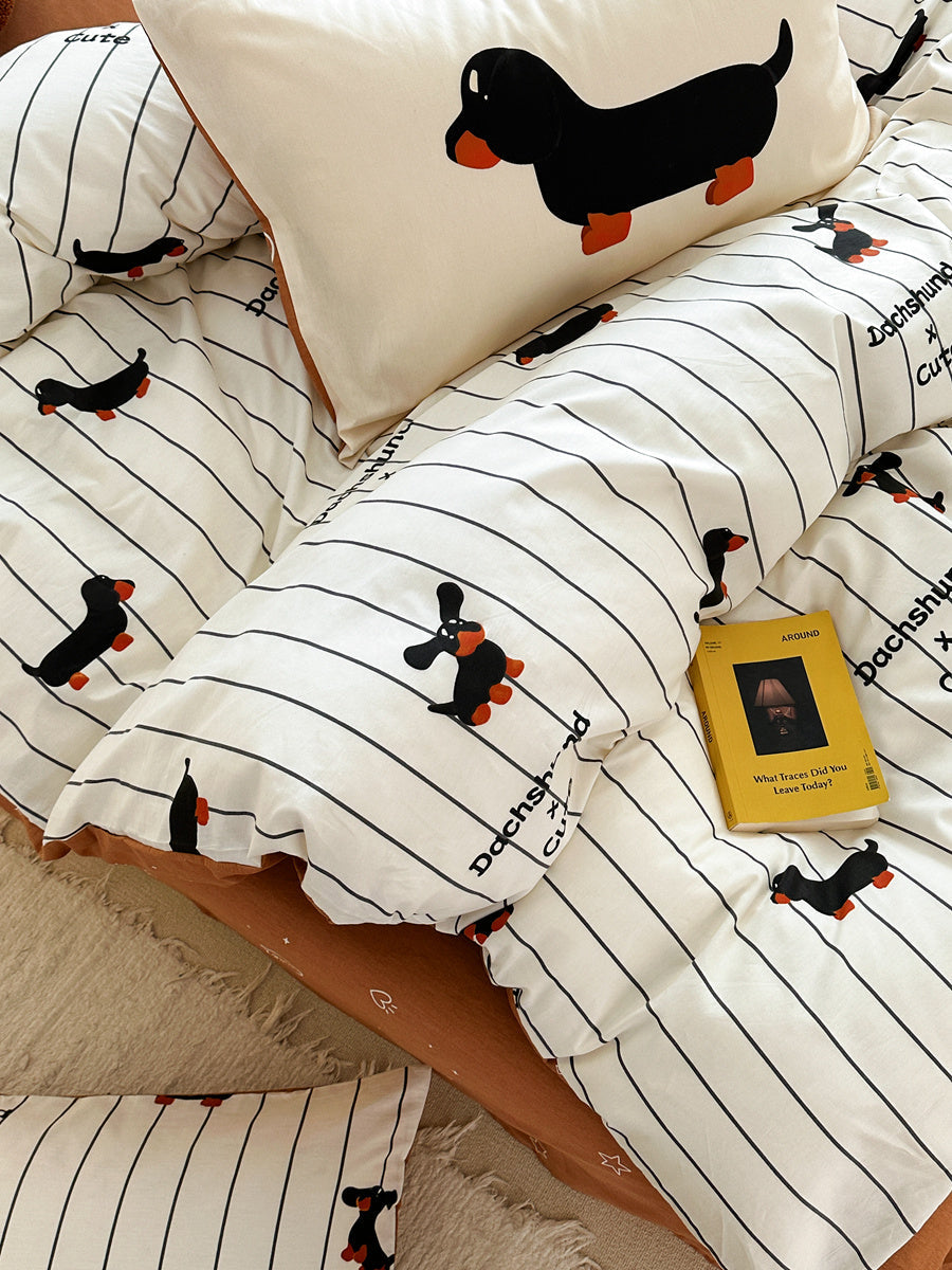 KTX-790675 Cartoon Puppy Striped Four-Piece Cotton Bedding Set for Various Bed Sizes
