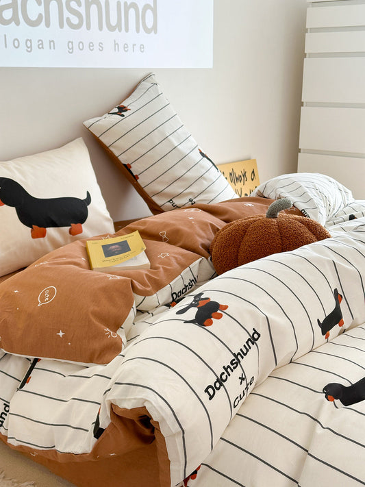 KTX-790675 Cartoon Puppy Striped Four-Piece Cotton Bedding Set for Various Bed Sizes