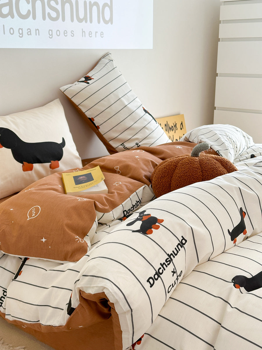 KTX-790675 Cartoon Puppy Striped Four-Piece Cotton Bedding Set for Various Bed Sizes