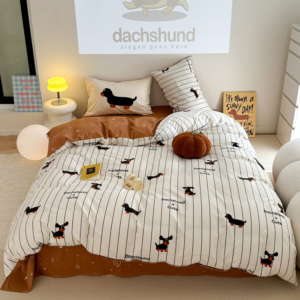 KTX-790675 Cartoon Puppy Striped Four-Piece Cotton Bedding Set for Various Bed Sizes