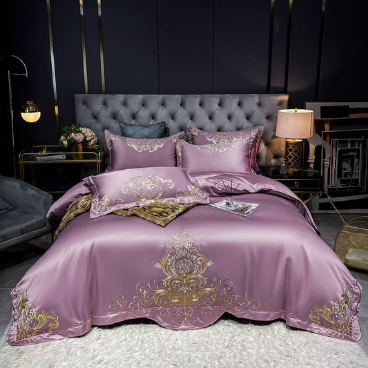 KTX-790995 Solid Embroidered Satin Cotton Bedding Set with Quilt Cover and Pillowcases