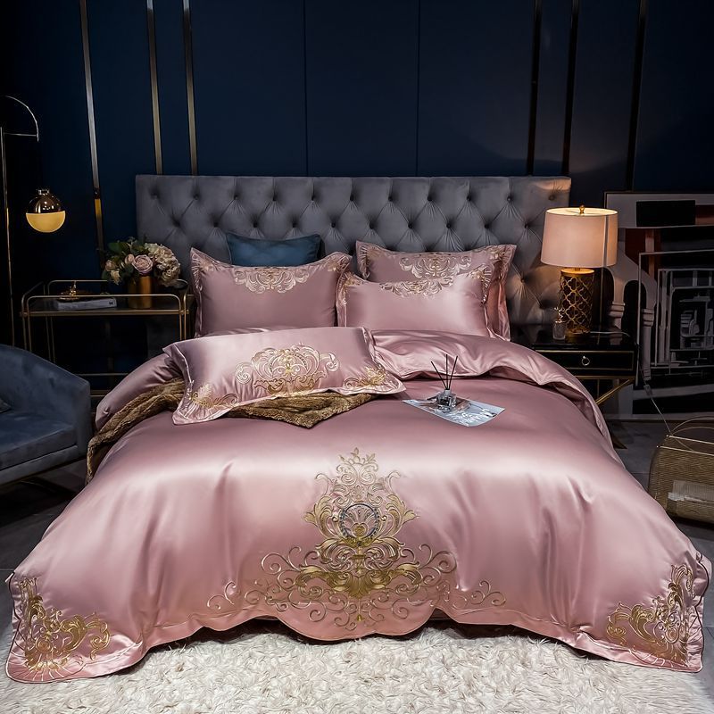 KTX-790995 Solid Embroidered Satin Cotton Bedding Set with Quilt Cover and Pillowcases