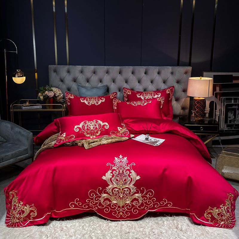 KTX-790995 Solid Embroidered Satin Cotton Bedding Set with Quilt Cover and Pillowcases