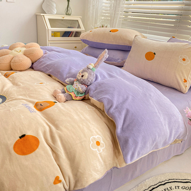 KTX-792147 Milk Velvet Plush Bed Sheet Set - Soft Polyester Cartoon Thermal Insulation - Multiple Sizes Available