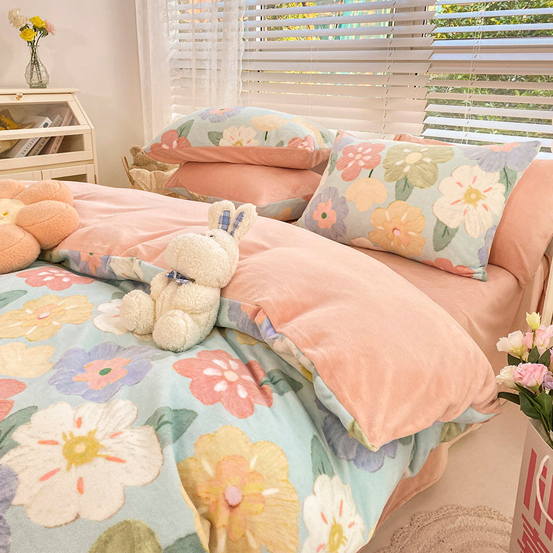 KTX-792147 Milk Velvet Plush Bed Sheet Set - Soft Polyester Cartoon Thermal Insulation - Multiple Sizes Available