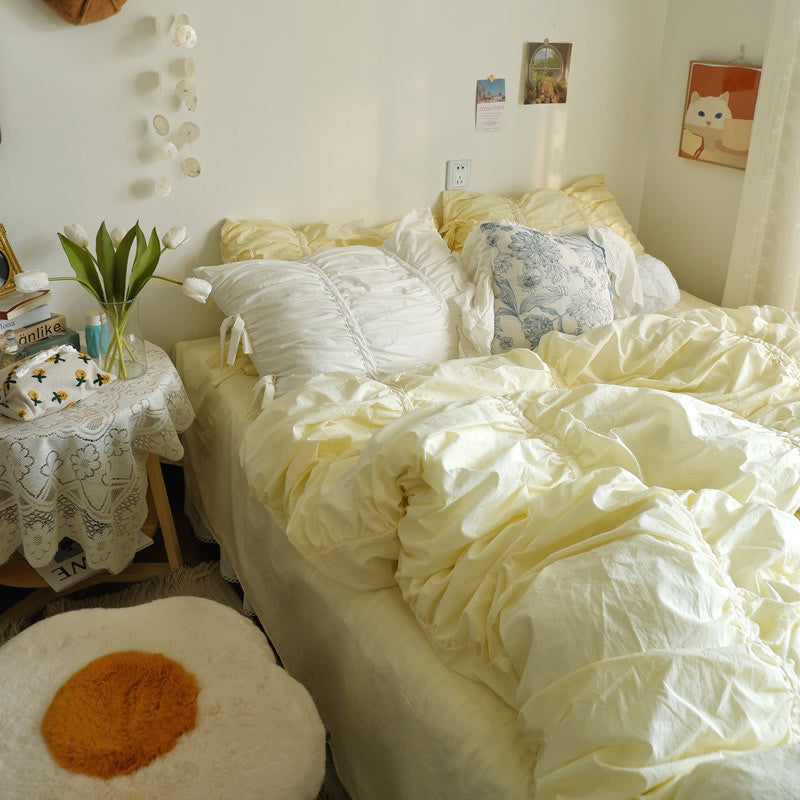 KTX-794131 Four-Piece Washed Cotton Bedding Set - Korean Style with Pleated Design for 1.5m Bed