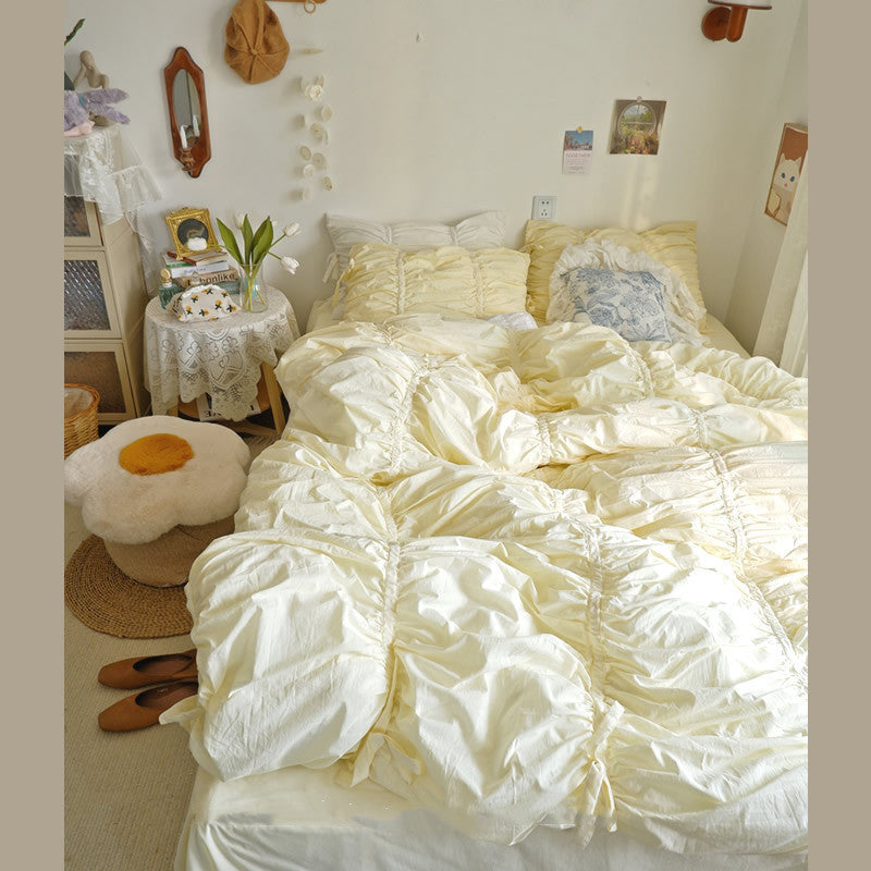 KTX-794131 Four-Piece Washed Cotton Bedding Set - Korean Style with Pleated Design for 1.5m Bed