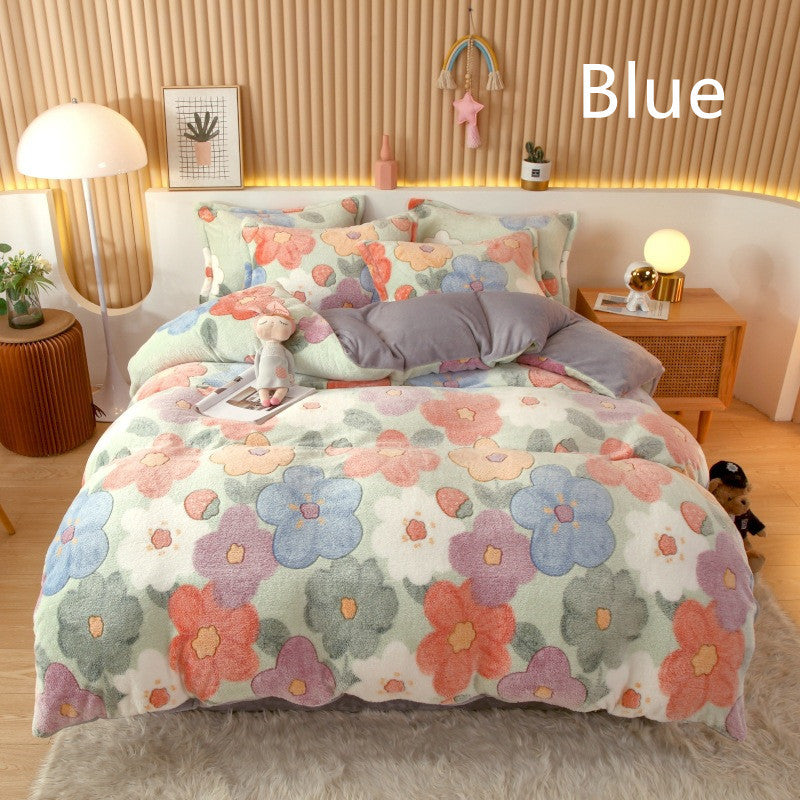 KTX-794451 Coral Fleece Milk Velvet Duvet Cover with Flannel Pillowcase Set - Sleek and Stylish Bedroom Decor