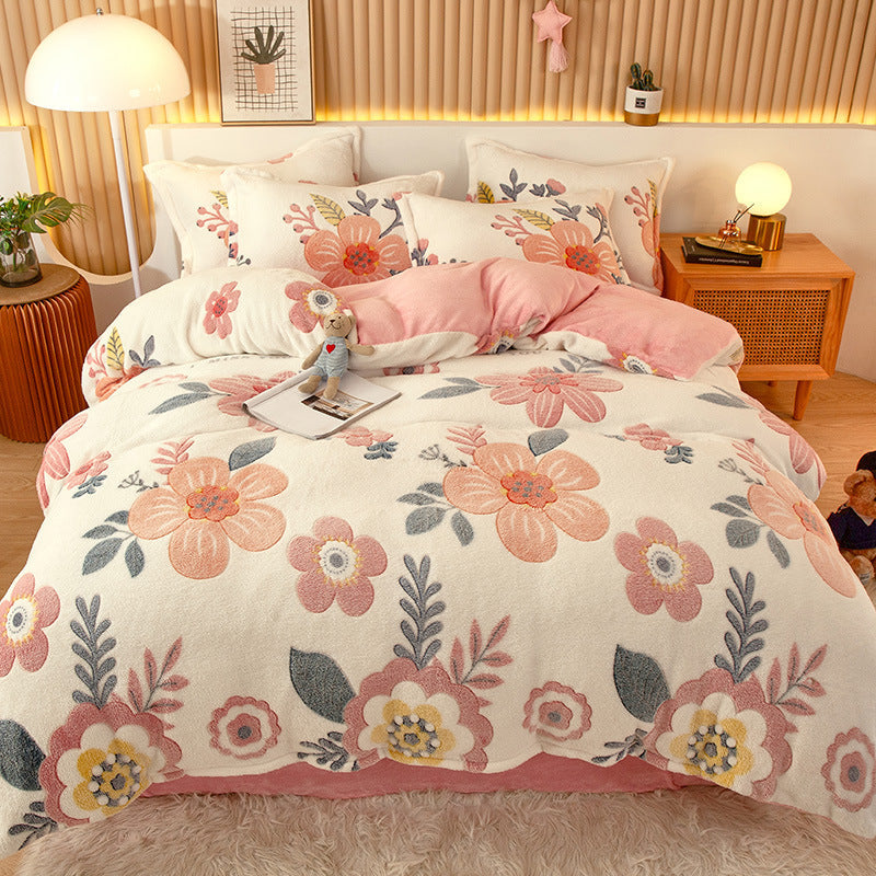 KTX-794451 Coral Fleece Milk Velvet Duvet Cover with Flannel Pillowcase Set - Sleek and Stylish Bedroom Decor