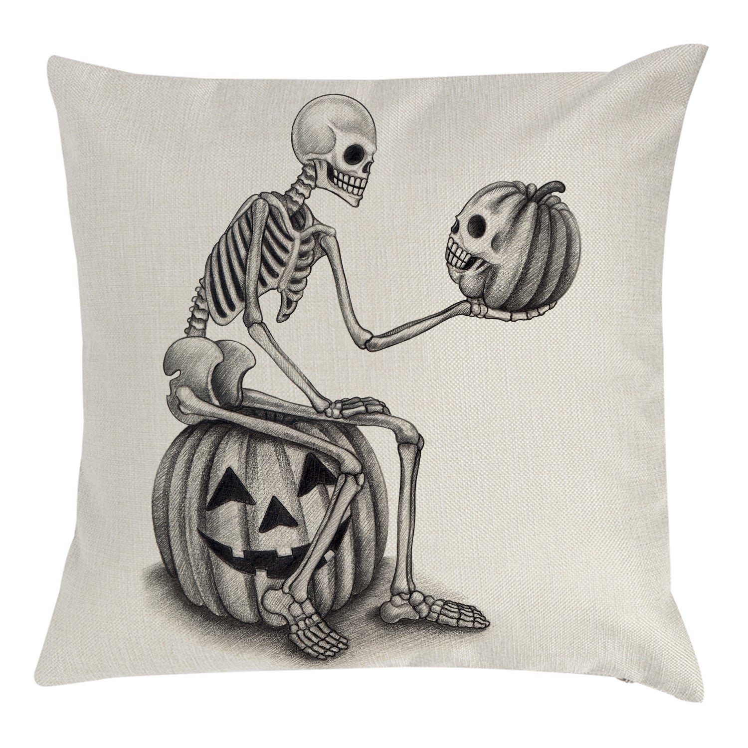 KTX-794963 Halloween Themed Pillow Cover with Skull and Pumpkin Designs - 45x45cm Linen Cushion Case